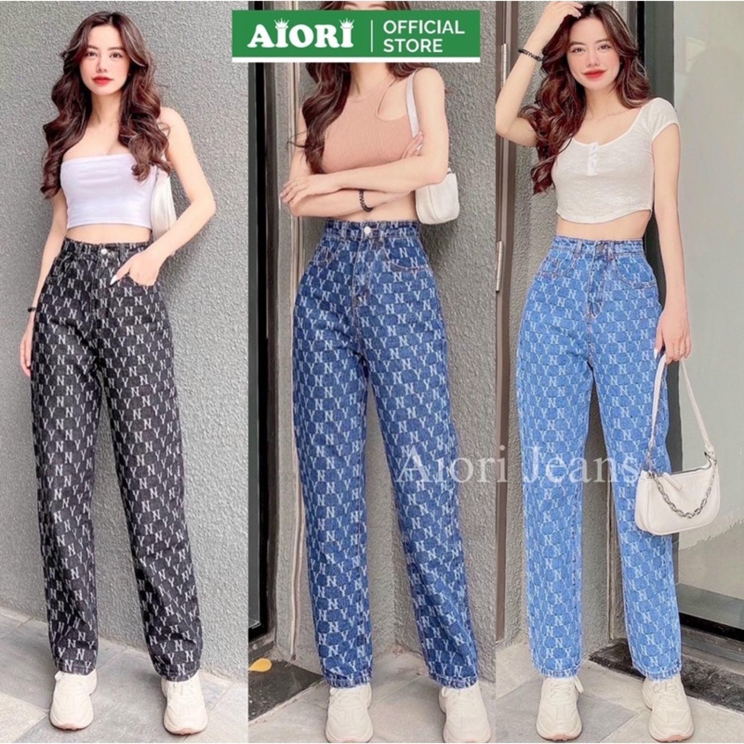[Hàng Cao Cấp] Quần Jeans Nữ, Quần Jeans Ống Đứng Cạp Cao Họa Tiết NY Kiểu Bò Suông Phong Cách Hàn Quốc Ulzzang E003 - Xanh Nhạt