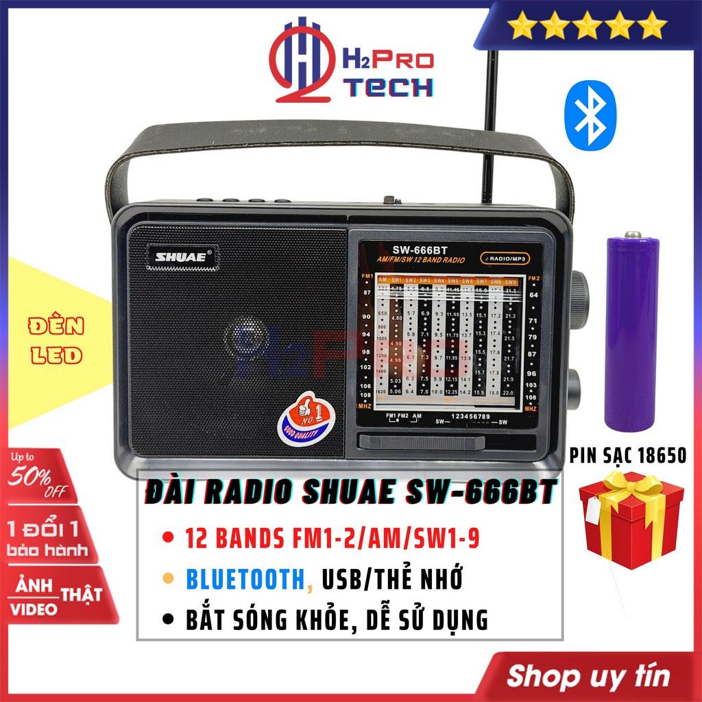 Đài Radio Đa Năng Shuae SW-666BT 12Band Fm/Am/Sw, Bluetooth/Usb/Thẻ Nhớ, Đài Nghe Nhạc Cao Cấp, Tặng Pin Sạc-H2Pro Tech