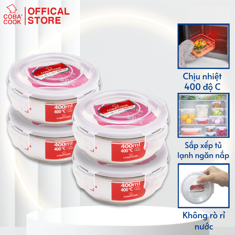 Bộ 4 hộp thủy tinh hộp đựng cơm trữ thức ăn thực phẩm trong tủ lạnh chịu nhiệt COBA'COOK hình tròn- CCR44