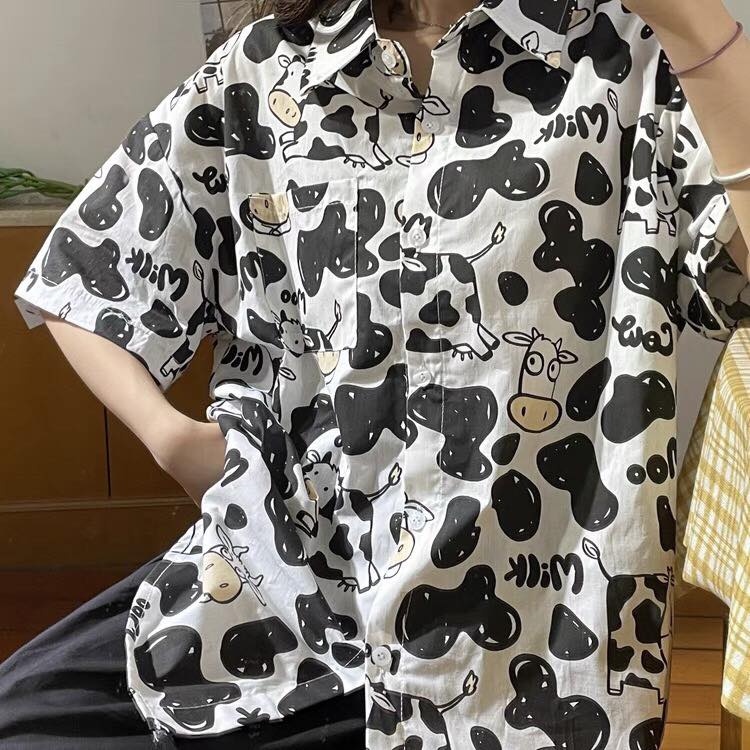 Áo Sơ Mi Hoạ Tiết Tay Lỡ Dáng Rộng,Sơ Mi Con Bò Tay Lửng Unisex - MM