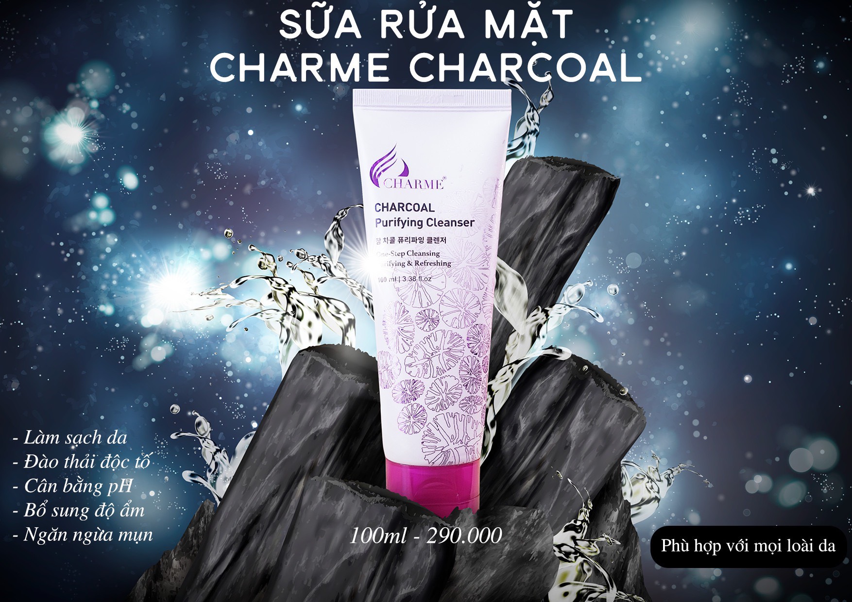 Sữa rửa mặt than hoạt tính, Charme Charcoal Purifying, thải độc da, làm sạch sâu, không gây kích ứng, 100ml