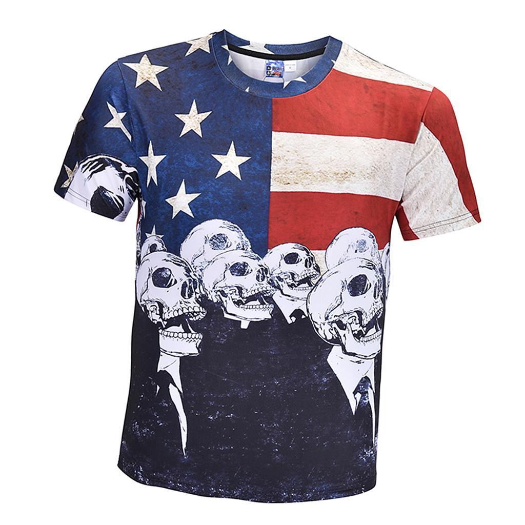 Fashion Men’s Fun T-shirts American Flag Holiday Fancy Dress Round Neck 3D Skull Head Print Tee M - 3XL
