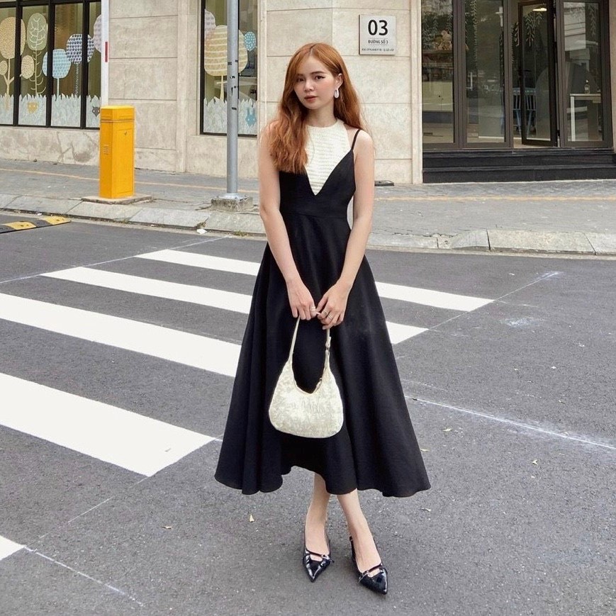 SET ĐẦM ĐEN SUÔNG TRƠN DÀI HAI DÂY MIDI + ÁO THUN TRƠN CƠ BẢN ĐI BIỂN DẠO PHỐ DỰ TIỆC