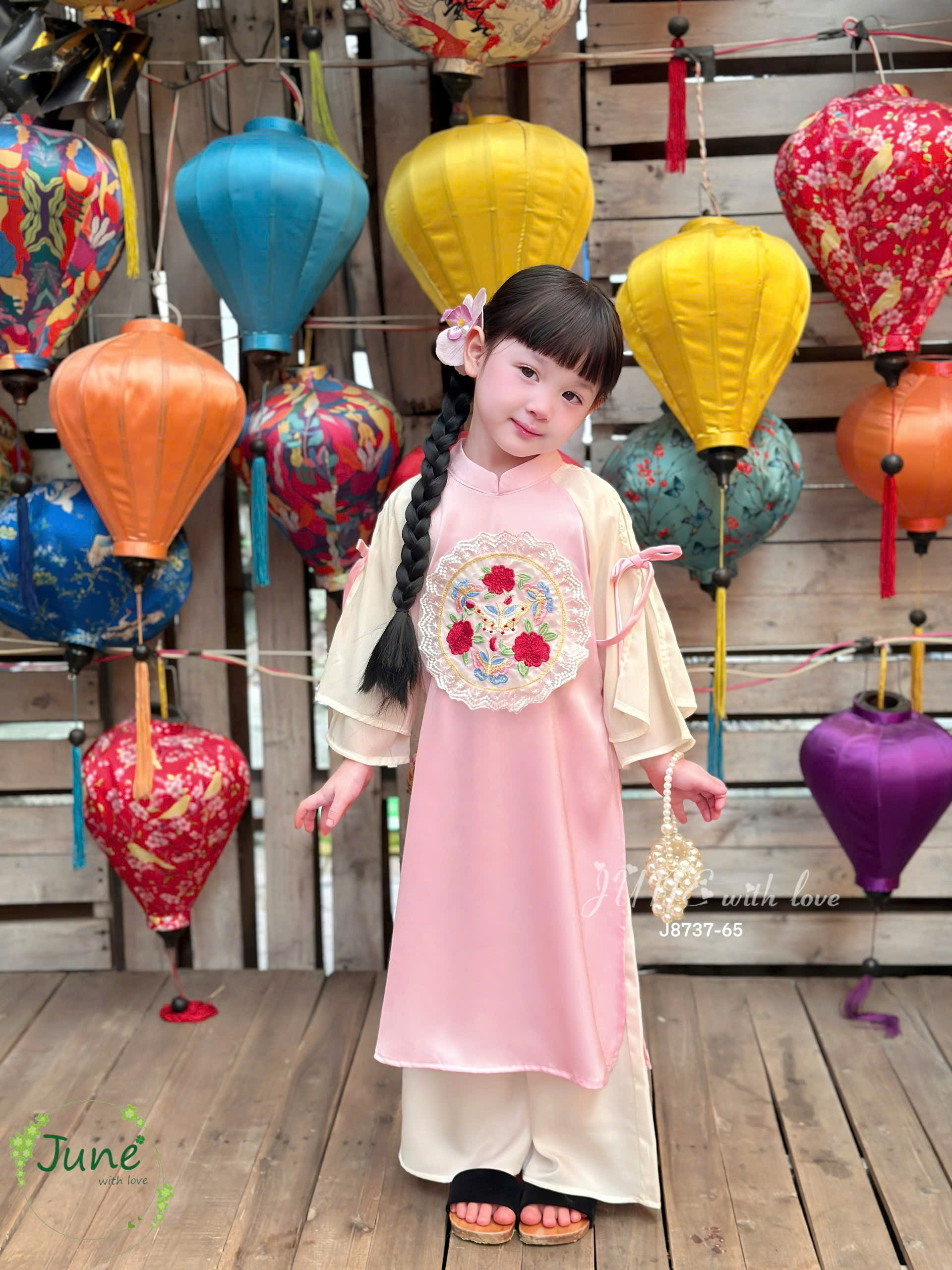 Bộ áo dài cho bé gái mẫu Hoa phú quý diện tết đón xuân năm mới 10-40kg mềm mát