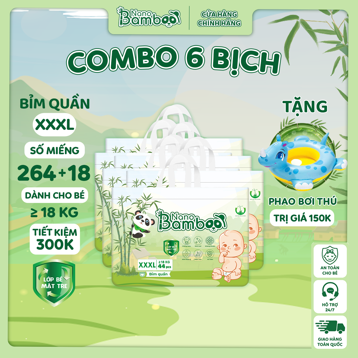 Hình ảnh COMBO 6 Bịch tã/bỉm Quần Nano Bamboo sợi tre M/L/XL/XXL/XXXL (264 miếng+18) tiết kiệm 300k kèm quà tặng