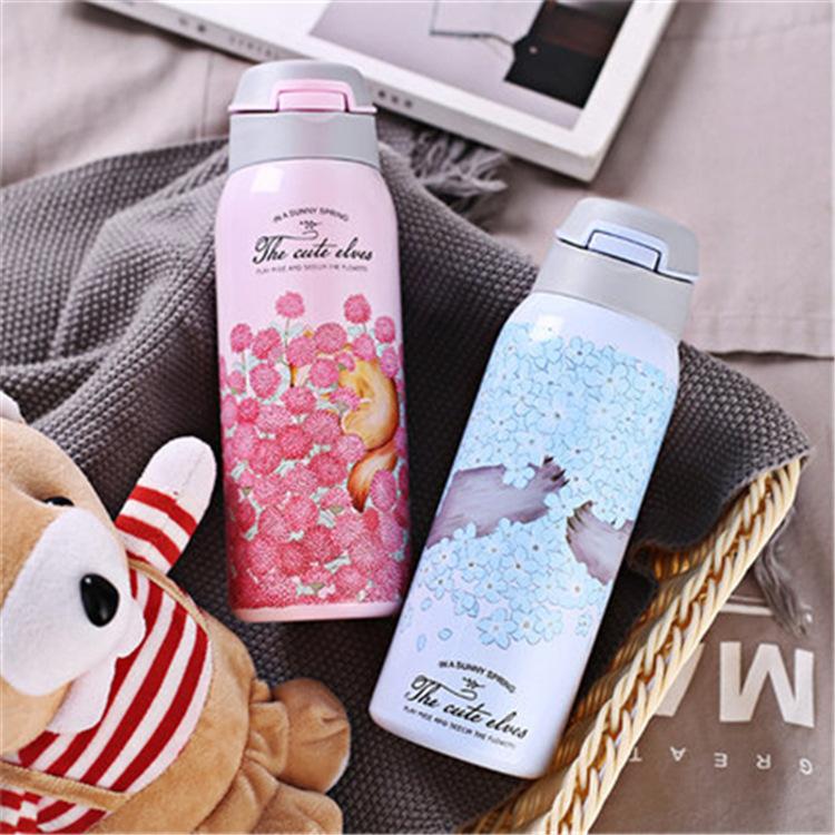 Dễ Thương Hoa Bé Gái Bình Giữ Nhiệt Treo Tường Đôi 304 Bình Giữ Nhiệt Chân Không Thép Không Gỉ Nữ Cách Nhiệt Termos Tumbler Bằng Silicone Ống Hút