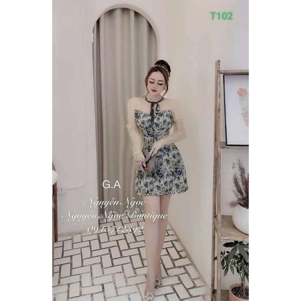 Đầm nữ phối lưới kết nơ in họa tiết sang trọng tôn dáng