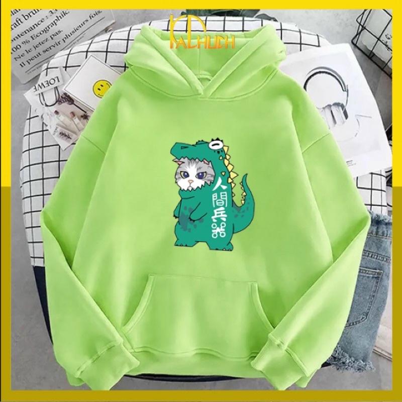 Áo hoodie in mèo khủng long vải nỉ nón 2 lớp dày dặn cho cả nam nữ