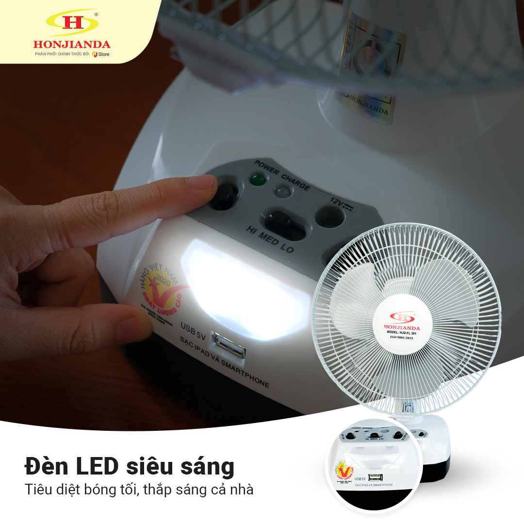 Quạt sạc tích điện Honjianda FL 301 - tích hợp đèn LED & cổng USB - Hàng chính hãng