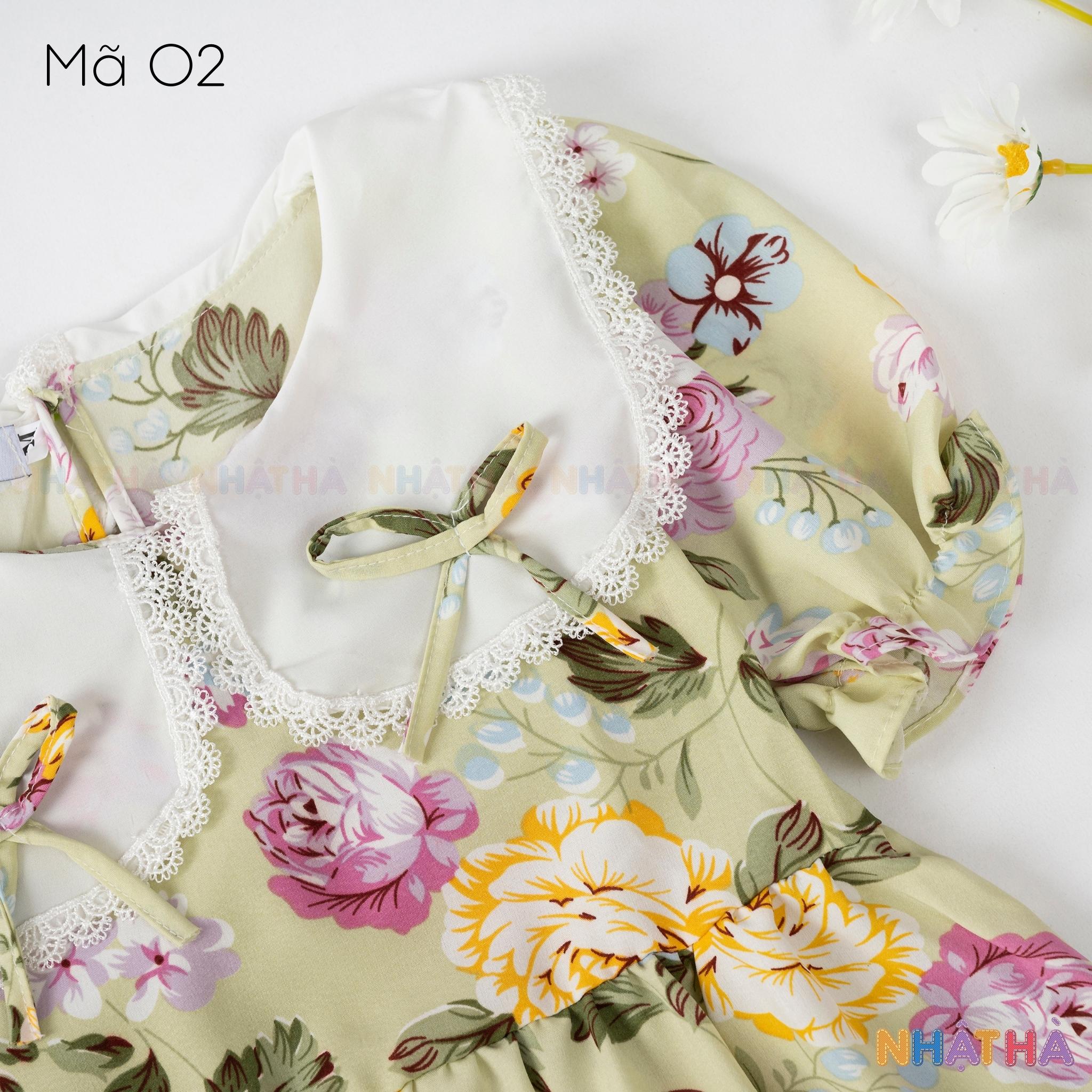 Váy bé gái dáng xòe O2 Chất Lanh Lụa Thoáng Mát Thiết kế cổ sen siêu dễ thương size đại từ 12-45kg