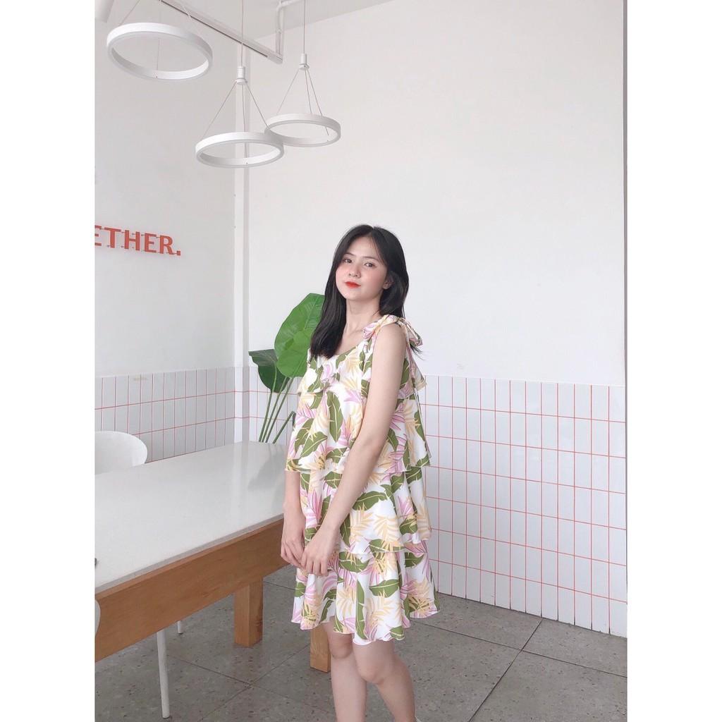 ĐẦM HOA 2 DÂY LỤA HÀNG THẮT NƠ TAY 3 TẦNG DÁNG XÒE-hình thật shop chụp