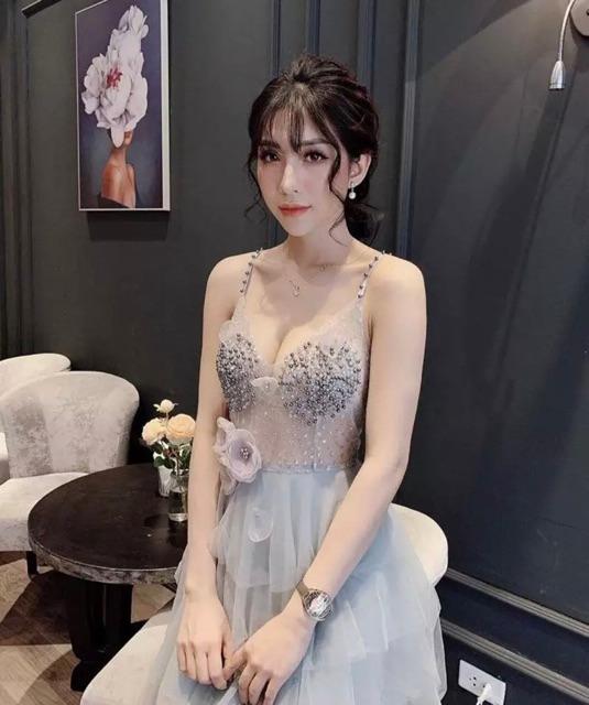 Đầm xoè xếp tầng 2 dây kết cườm hạt và hoa nổi SIÊU XINH -MS88YMM MM