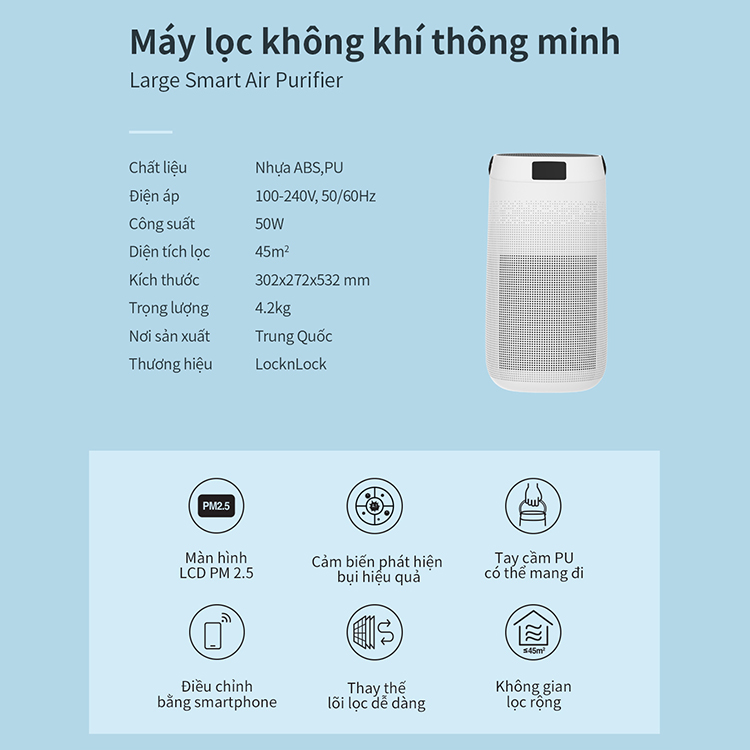 Máy lọc không khí Lock&lock Air purifier ENP124WHT (50W) Màu trắng - Hàng chính hãng