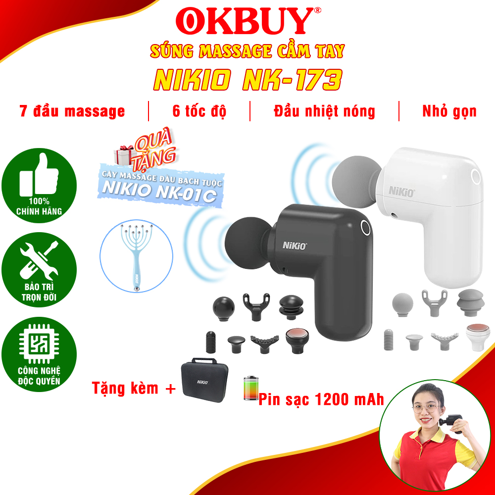 Súng Massage Cầm Tay Mini Nikio Nk - 173 - 6 Đầu Chuyên Dụng 1 Đầu Nhiệt Nóng - Mát Xa Hỗ Trợ Giảm Đau Nhức Và Giãn Cơ Toàn Thân - Phù Hợp Mọi Đối Tượng, Siêu Nhỏ Gọn - Màu Đen