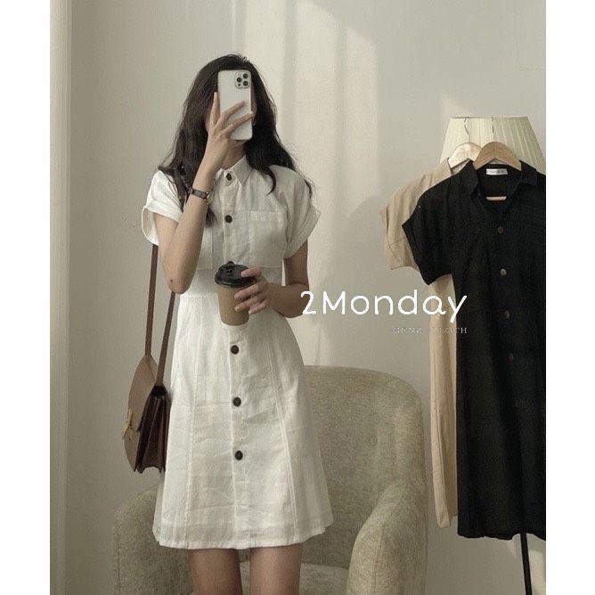 Đầm sơ mi cổ đức tông màu tây lạ mắt Váy dáng suônh Thiết kế một hàng cúc cực xinh