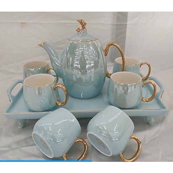 BỘ ẤM CHÉN KÈM KHAY SỨ CÓ CHÂN MÀU XANH NGỌC ÁNH TRAI, HÀNG CAO CẤP