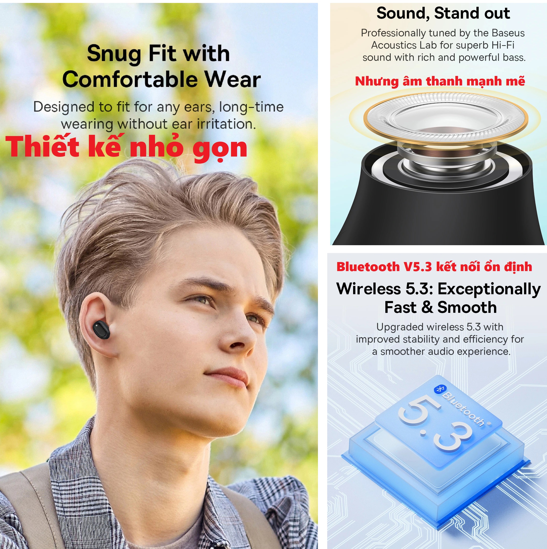 Tai nghe không dây mini Bluetooth V5.3 độ trễ thấp app tùy chỉnh Baseus Bowie EZ10 _ Hàng chính hãng