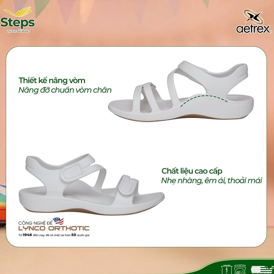Sandal sức khoẻ nữ Aetrex Jillian Sport White - giày nâng vòm đệm êm chân