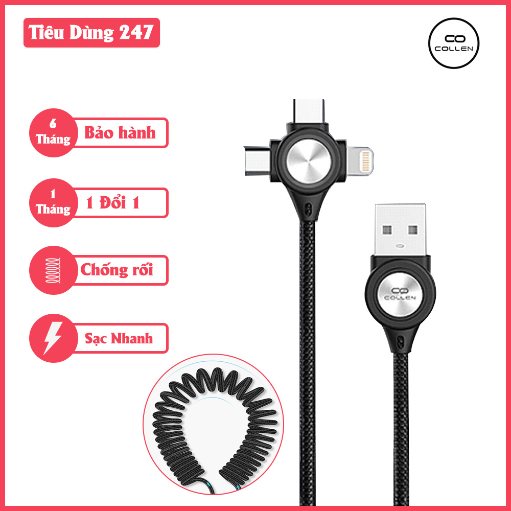 Dây cáp sạc nhanh lò xo 3 in 1 Collen chuyên dụng cho oto - Hàng Chính Hãng