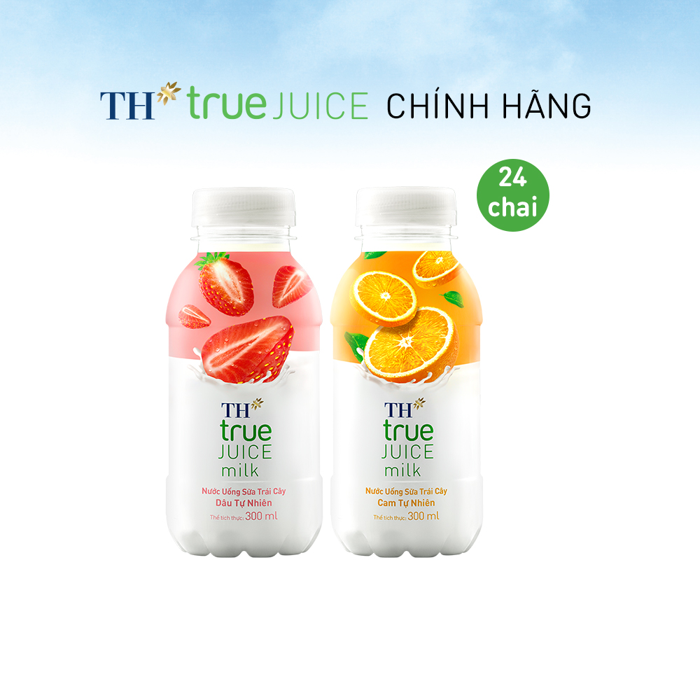 Thùng 12 chai sữa dâu &amp; 12 chai sữa cam tự nhiên TH True Juice Milk 300ml (300ml x 24)