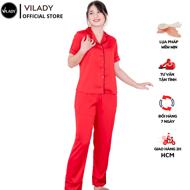 Đồ bộ pijama lụa, đồ mặc nhà nữ VILADY - B124 kiểu quần dài tay cộc họa tiết trơn, chất liệu lụa Pháp cao cấp - Màu đỏ