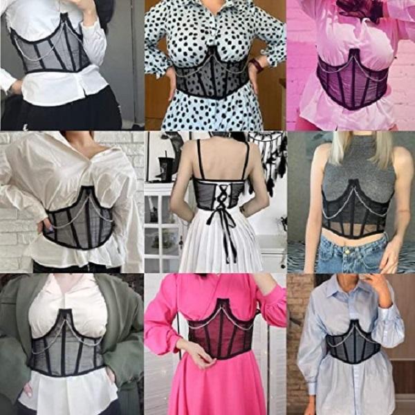 Women Corset Belt Mesh Lace Up Bustier Corset Metal Chain Boned Overbust Waist Cincher Wide Belt for Dress Shirt Blouse