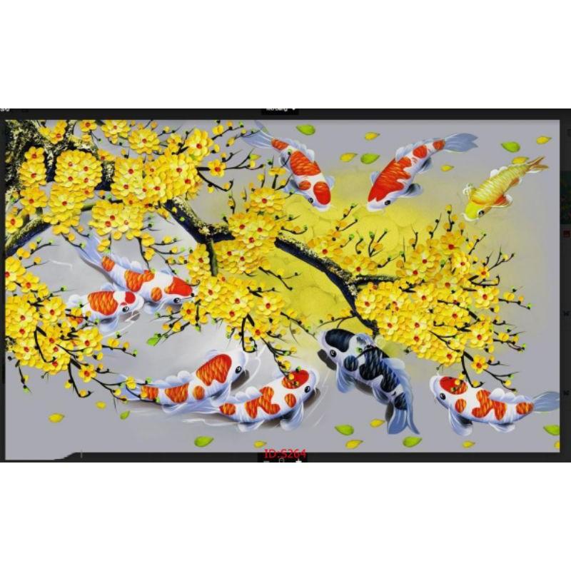 Tranh dán tường Tranh Sen cá cửu ngư thanh lịch phú quí, Tranh dán tường 3d hiện đại