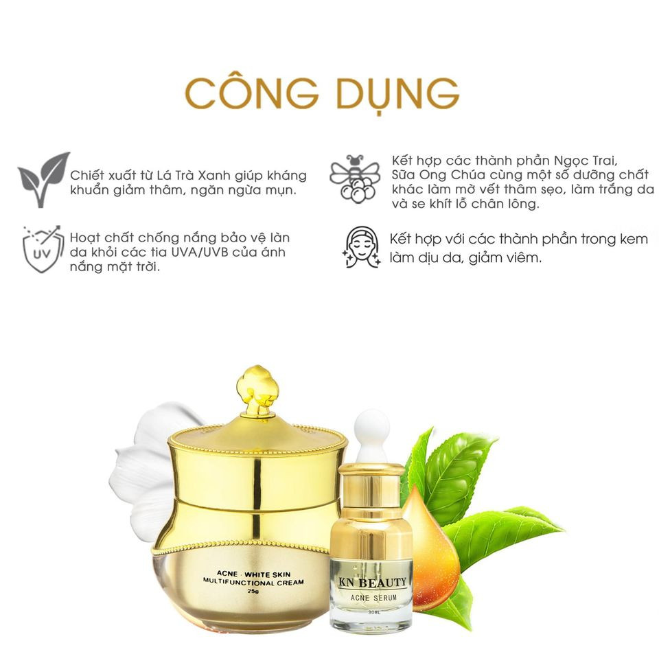 Bộ 2 sản phẩm Trắng Da Ngừa mụn KN Beauty chuyên sâu: Kem dưỡng 25g + Serum 30ml - Quà Tặng Mặt Nạ