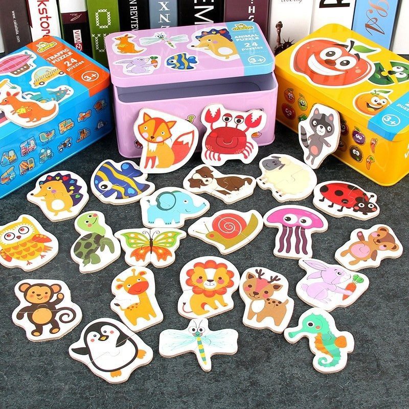 Đồ Chơi Ghép Hình Puzzle 2 Mảnh - Bản Hộp Sắt - 3 Chủ Đề - Chủ Đề Phương Tiện - Chủ Đề Động Vật - Chủ Đề Hoa Quả