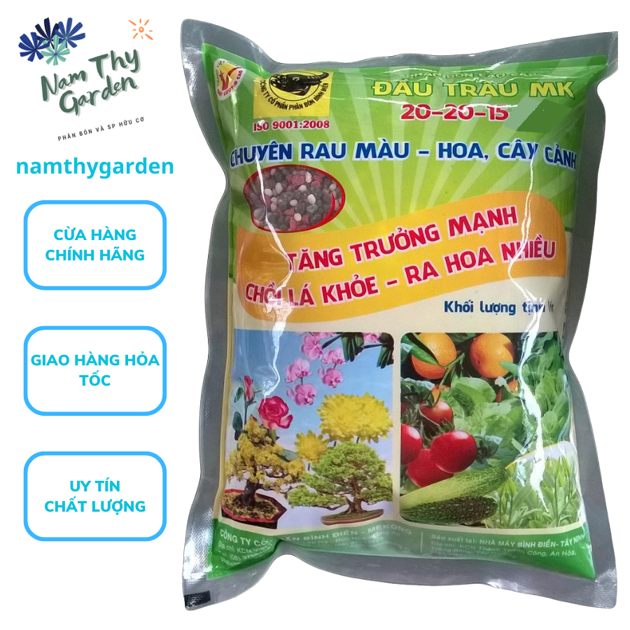 Phân Bón Đầu Trâu MK 20-20-15 Gói 1kg Chuyên Rau màu - hoa, cây cảnh