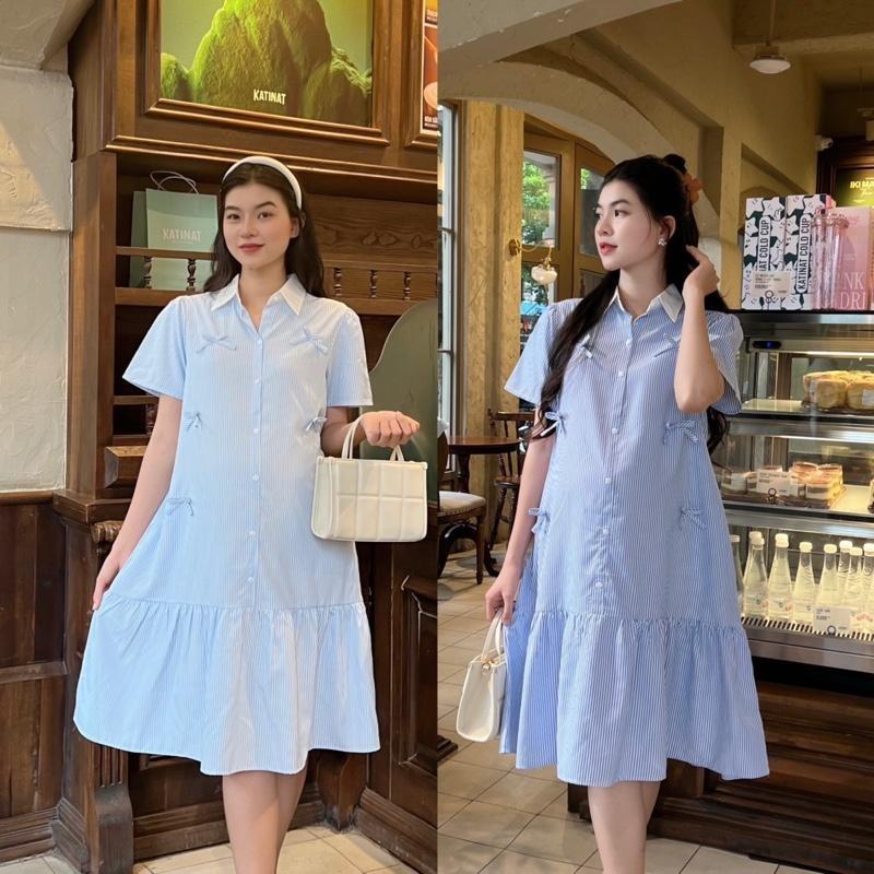 Đầm bầu công sở vải sọc cotton hàn cổ sơ mi đính nhiều nơ xinh Váy Bầu Dễ Thương - Xanh nhạt