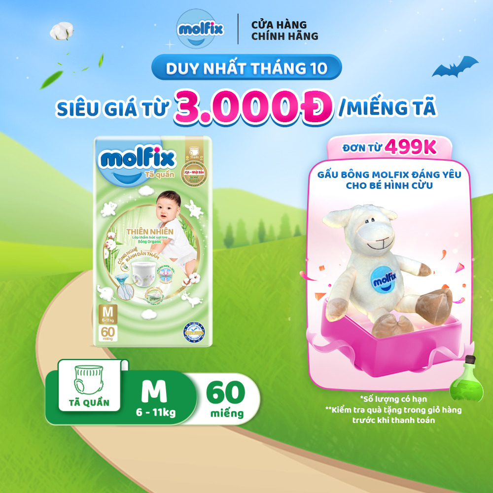 Tã/bỉm quần Molfix Thiên nhiên Super Jumbo M - Gói 60 miếng