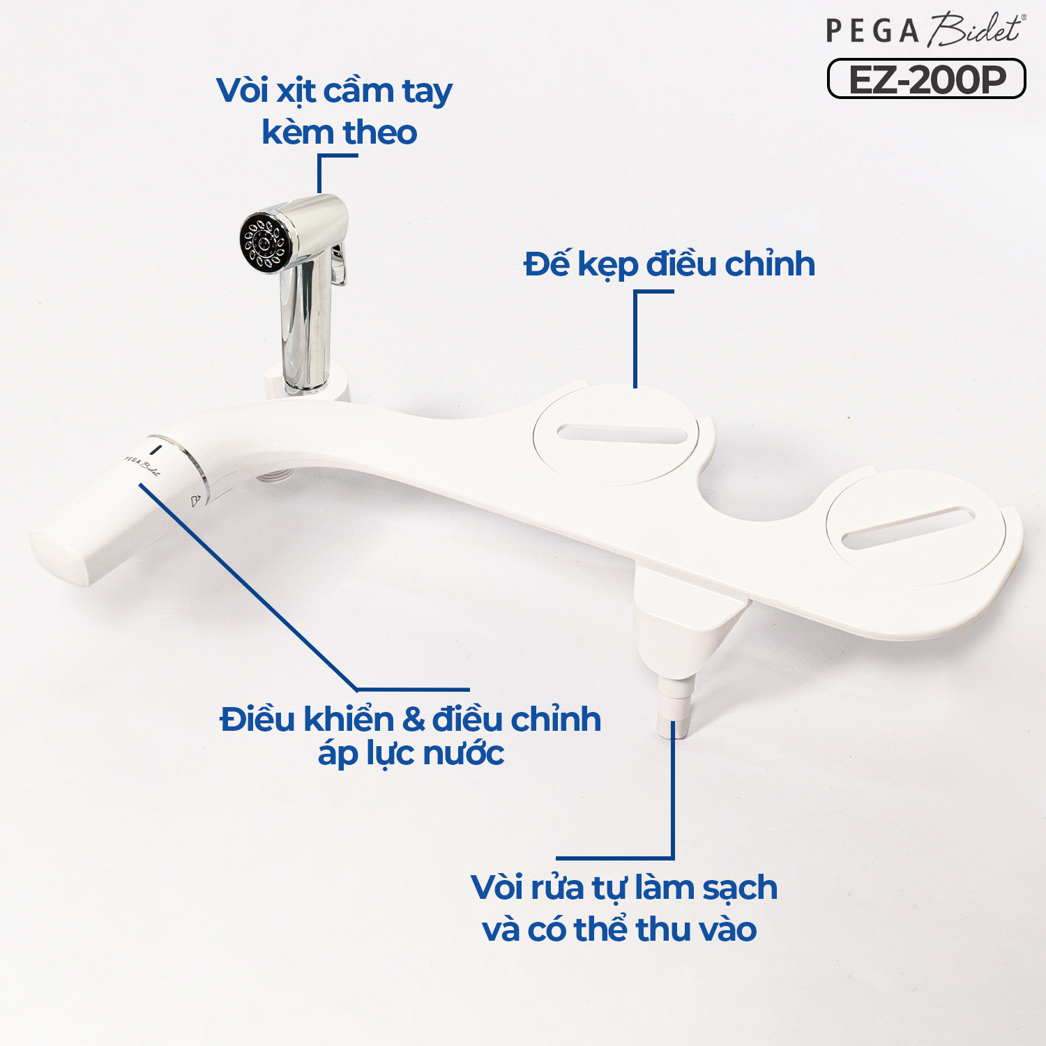 Vòi Xịt Rửa Vệ Sinh Thông Minh PEGA Bidet EZ-200P gắn bồn cầu, Không Dùng Điện, Công Nghệ Mới Siêu Mỏng, 2 Vòi Rửa có Vòi Chuyên Dụng Cho Nữ, Dễ Lắp Đặt, Rất cần cho Trẻ Em, Người Già, Phụ Nữ Mang Thai - Thương Hiệu Mỹ