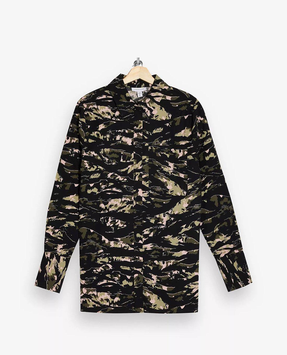 TOPSHOP - Áo sơ mi nữ cổ điển Green Camouflage Print Oversized 13P13TGRN