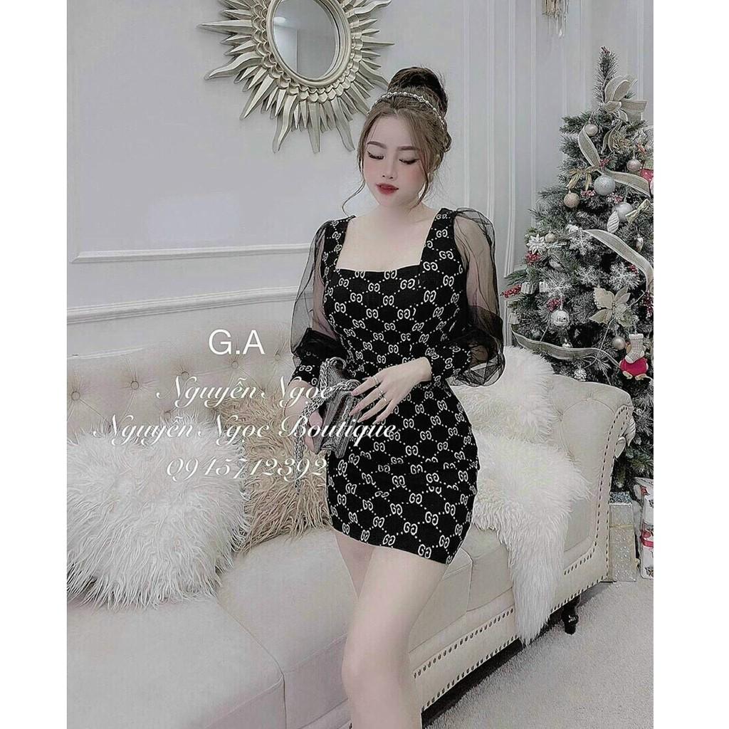 Đầm body cổ vuông hoạ tiết phối tay lưới xịn xò