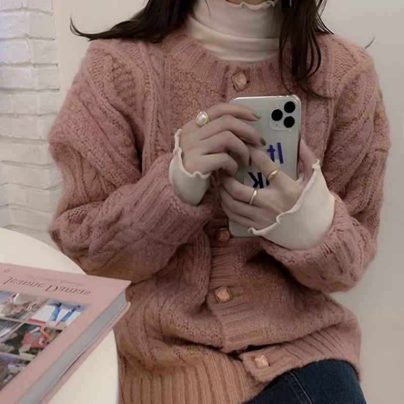 Áo len thừng cúc đá màu hồng đất
