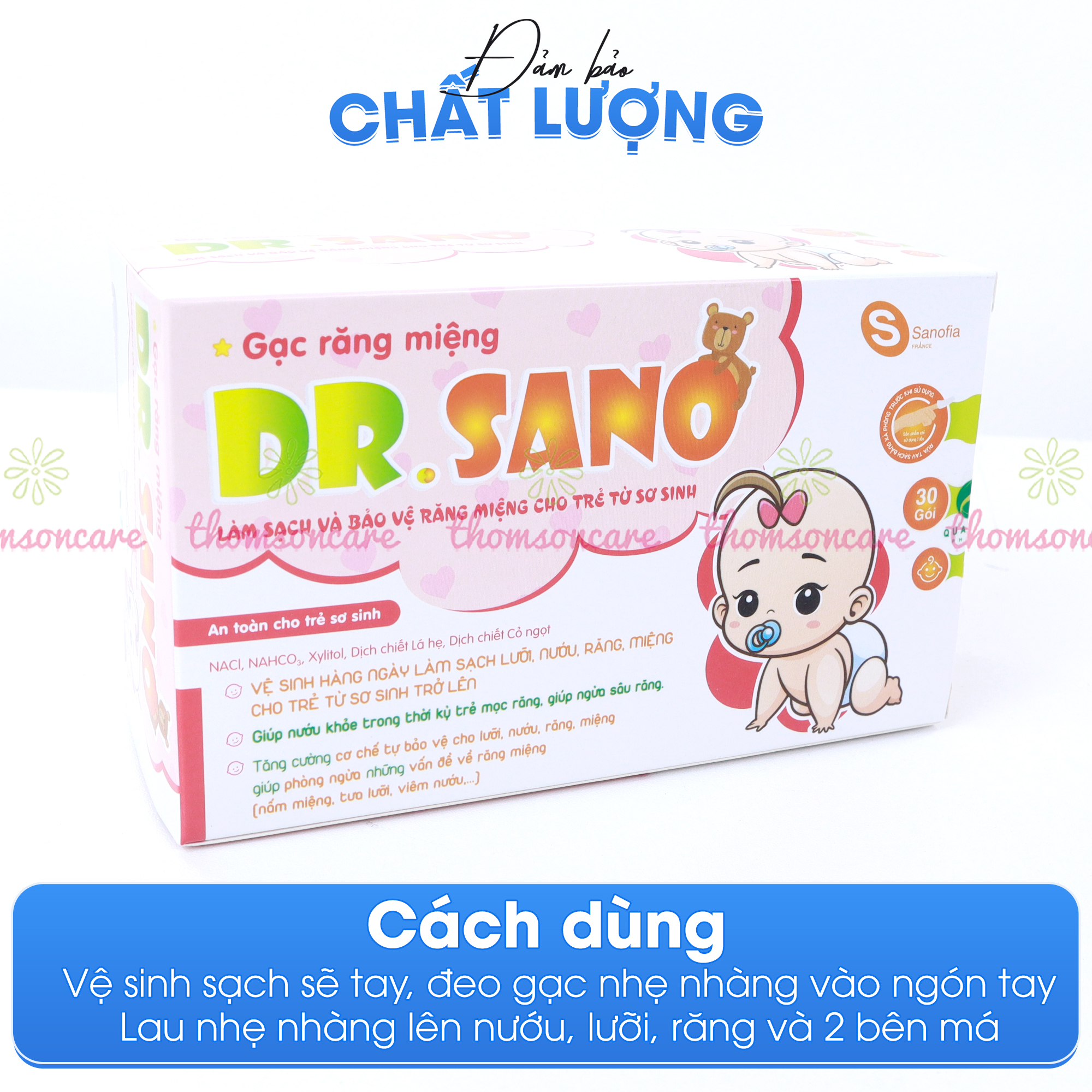 Gạc rơ lưỡi cho bé Dr Sano Hộp 30 gói - khăn lau răng, rơ miệng, tưa lưỡi cho trẻ từ sơ sinh Drsano, vệ sinh ăn dặm, mọc răng - Thomsoncare