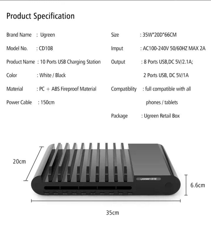 Ugreen UG20325CD108TK 96W màu Đen Bộ sạc đa căng USB 10 cổng cao cấp + 10 khe đựng điện thoại - HÀNG CHÍNH HÃNG