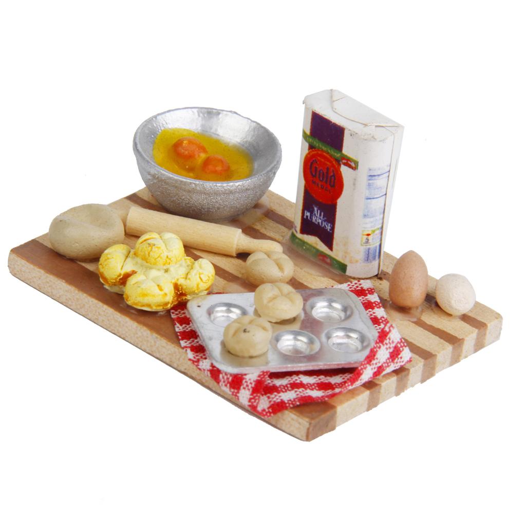 1/12 Dollhouse Miniature Kitchen Food Eggs Milk Bread on Board 1 Set