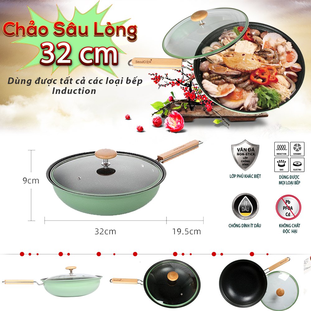 Bộ 3 món nồi chảo đáy từ cao cấp Hàn Quốc Seoulcook Luxury chống dính vân đá an toàn cho sức khỏe, dùng được tất cả các loại bếp/ Induction – Hàng chính hãng