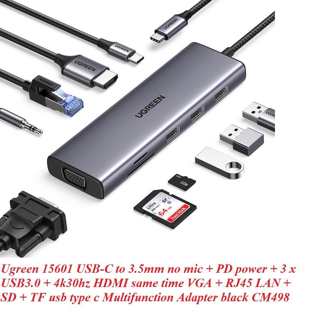 Ugreen UG15601CM498TK USB type C sang 1 x HDMI 4K30hz + 1 x VGA xuất cùng lúc + 1 x RJ45 1Gbps + TF + SD + 3 x USB 3.0 + 1 x 3.5mm NO MIC + 1 x USB-C PD 100W Bộ chuyển 10in1 - HÀNG CHÍNH HÃNG