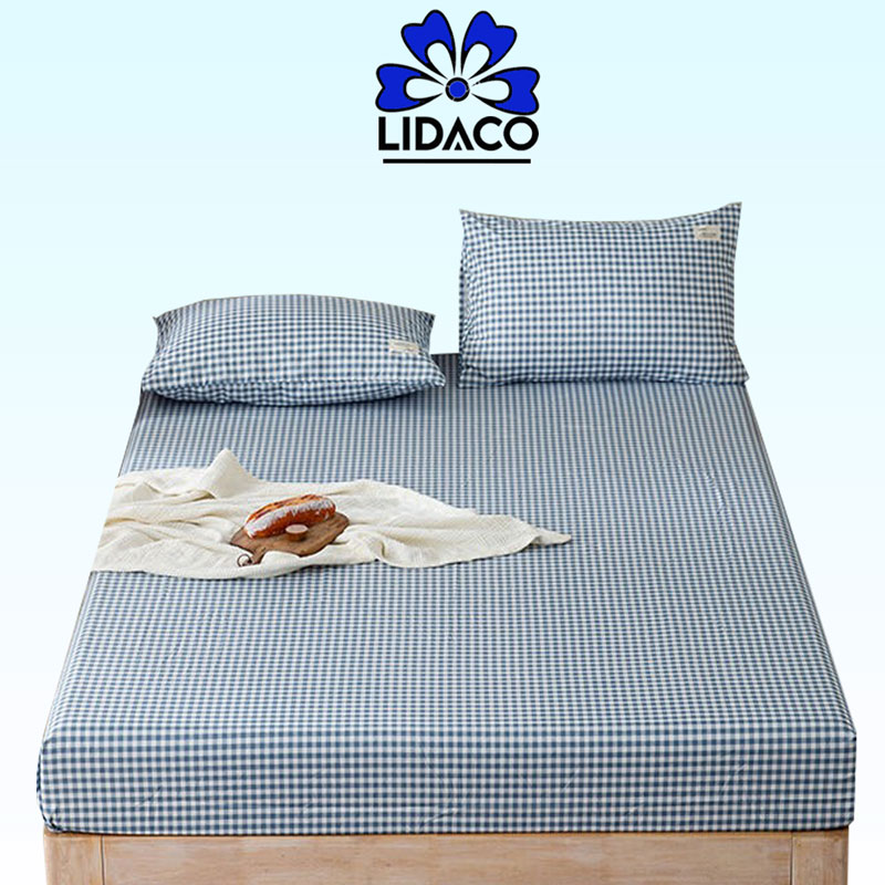 Bộ Ga Gối Cotton Tici Kẻ LIDACO Cao Cấp – Caro Xanh  – 1m2 x 2m – 21-25cm
