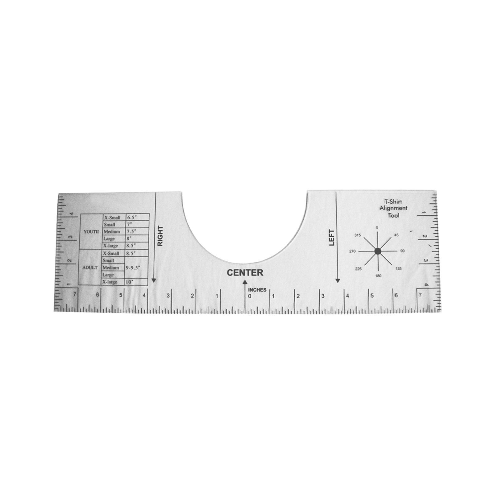 Thước căn chỉnh 16 x 5 inches dùng để đo áo thun cổ tròn, có vạch hướng ngực trái và phải cho nhiều kích cỡ khác nhau