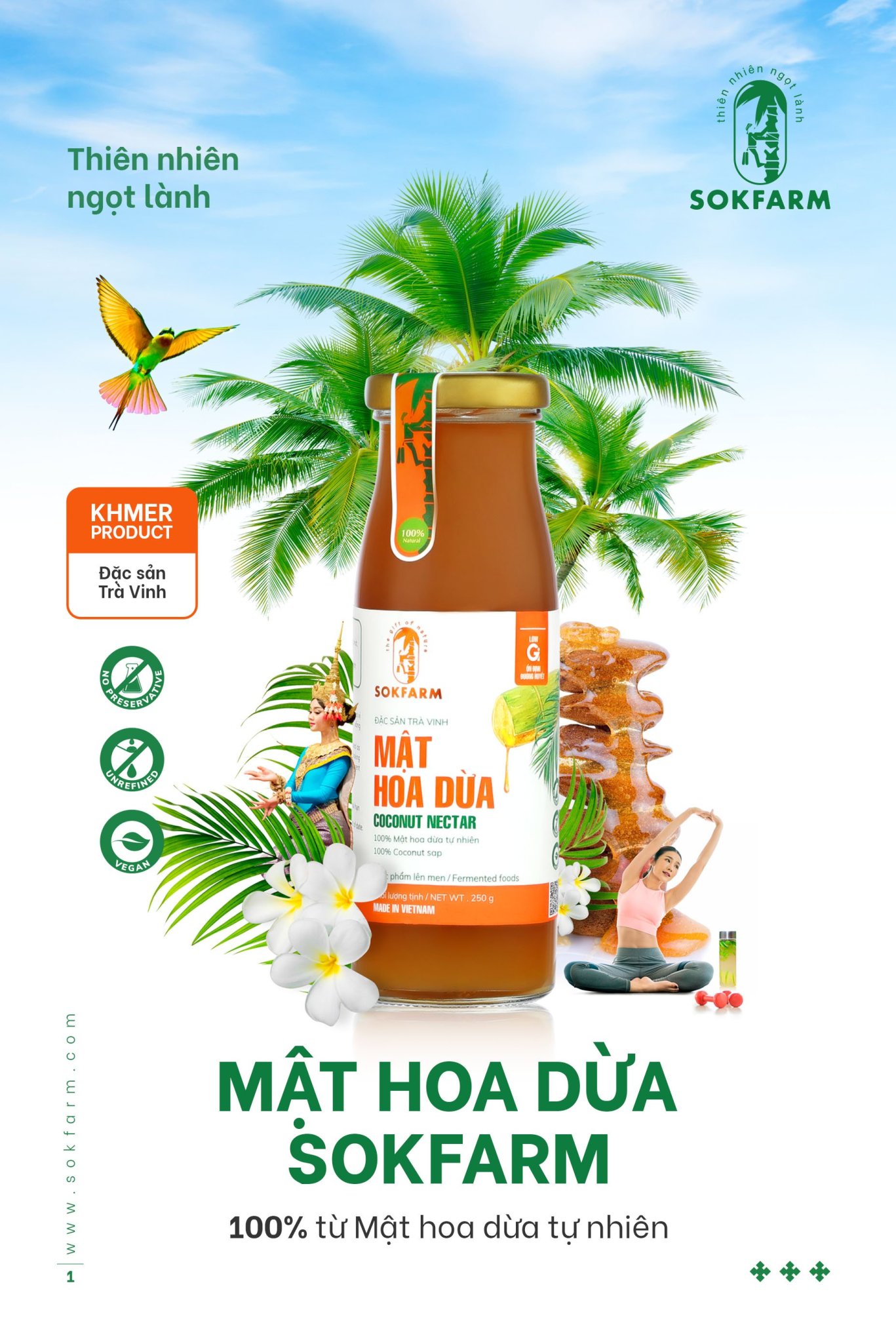 Mật Hoa Dừa Nguyên Chất SokFarm, Làm Gia Vị Nấu Ăn, Pha Chế, Dùng Được Cho Người Bệnh Tiểu Đường, Ăn Thuần Chay, Hũ 250g