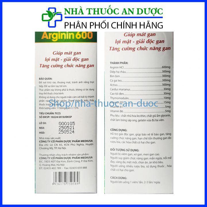 Viên uống bổ gan Arginin 600 mát gan - giải độc gan - hạ men gan Hộp 60 viên nang