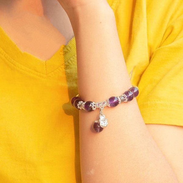 Lắc tay đá Thạch Anh Tím thiên nhiên 10 ly mix Charm Bạc 9999