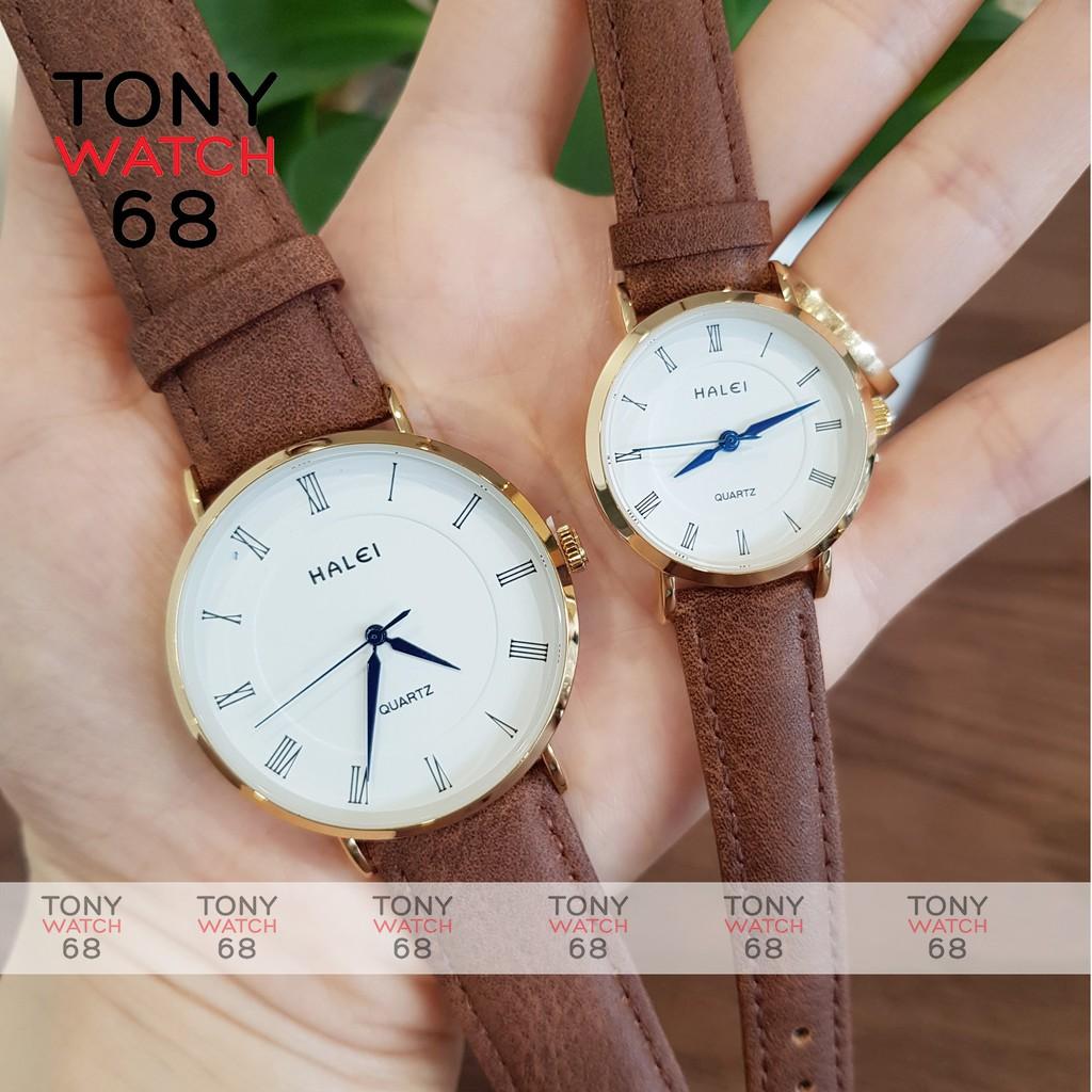 Đồng hồ cặp đôi nam nữ Halei kim xanh mặt trắng dây da nâu chính hãng Tony Watch 68