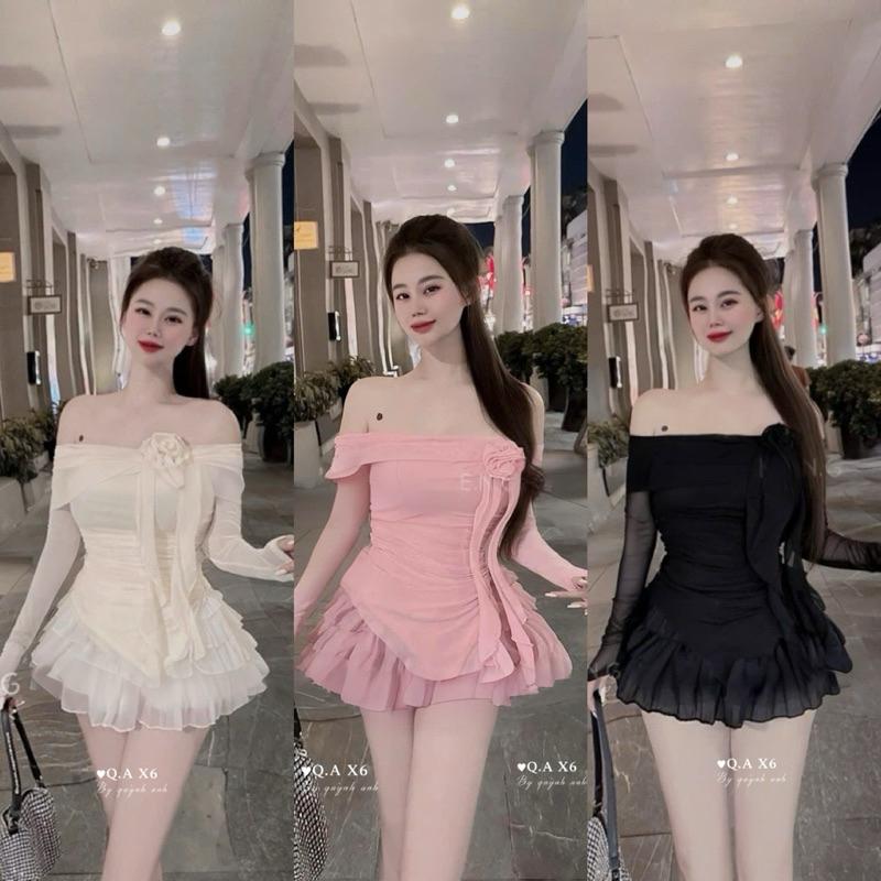 Set tiểu thư áo lưới nhúng trễ vai tà nhọn đính hoa kèm chân váy tơ tầng nhẹ nhàng hách dáng cho các nàng BY JOLIE - Hồng, Hồng