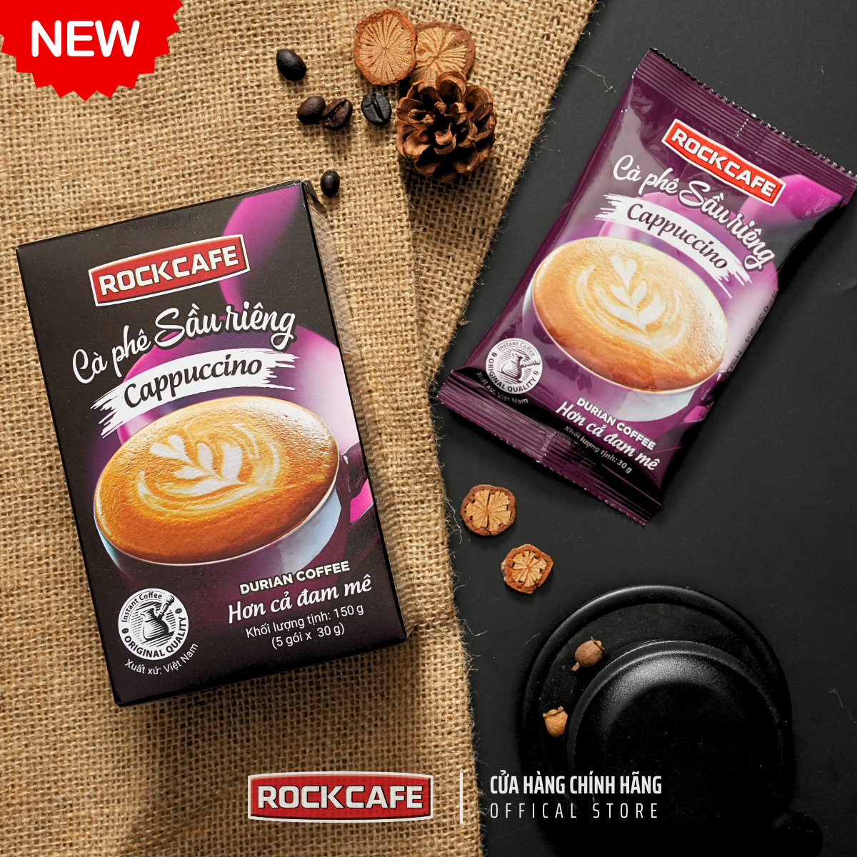 ROCKCAFE - CAPPUCCINO SẦU RIÊNG (5 gói x 30 gram)