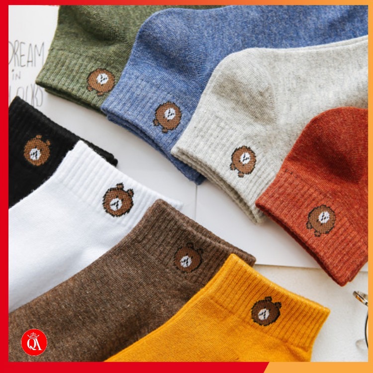 Set 10 đôi tất gấu vớ nữ cổ ngắn chất cotton hình gấu brown kèm túi gấu